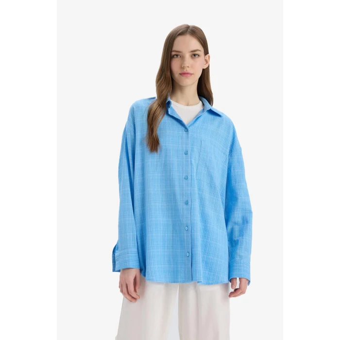 Defacto X2232 Mavi Oversize Geniş Kalıp Müslin Uzun Kollu Gömlek