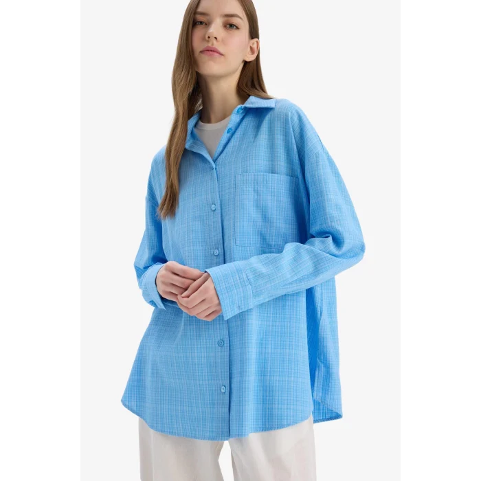 Defacto X2232 Mavi Oversize Geniş Kalıp Müslin Uzun Kollu Gömlek