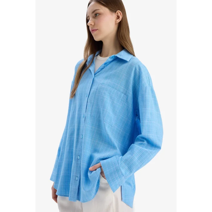 Defacto X2232 Mavi Oversize Geniş Kalıp Müslin Uzun Kollu Gömlek