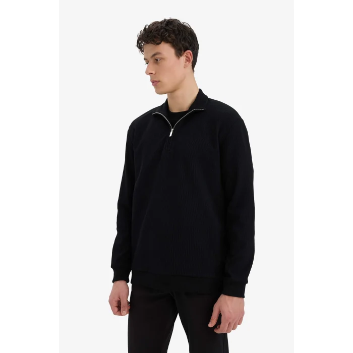 Defacto D7543 Siyah Comfort Fit Dik Yaka Dokulu Yarım Fermuarlı Waffle Sweatshirt