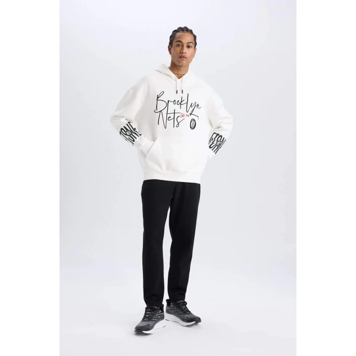 Defacto D8513 Ekru DeFactoFit NBA Brooklyn Nets Oversize Geniş Kalıp Kapüşonlu Kalın Sweatshirt