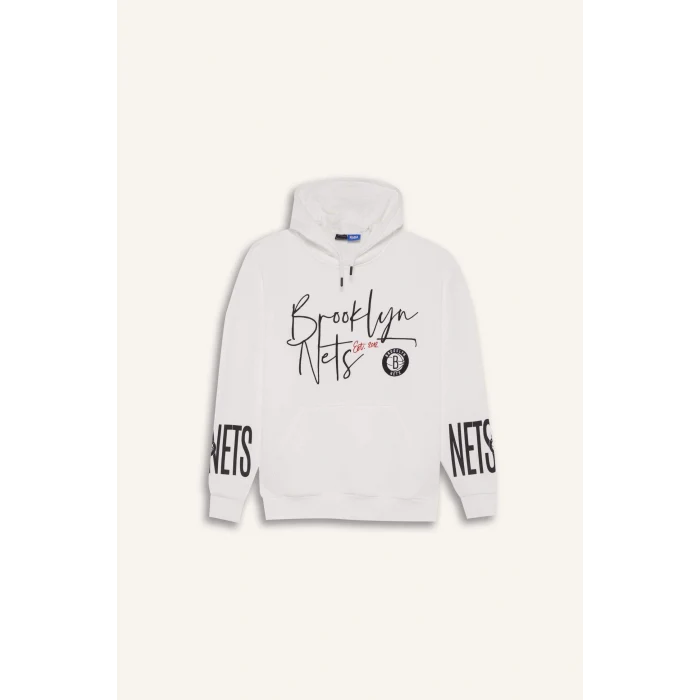 Defacto D8513 Ekru DeFactoFit NBA Brooklyn Nets Oversize Geniş Kalıp Kapüşonlu Kalın Sweatshirt