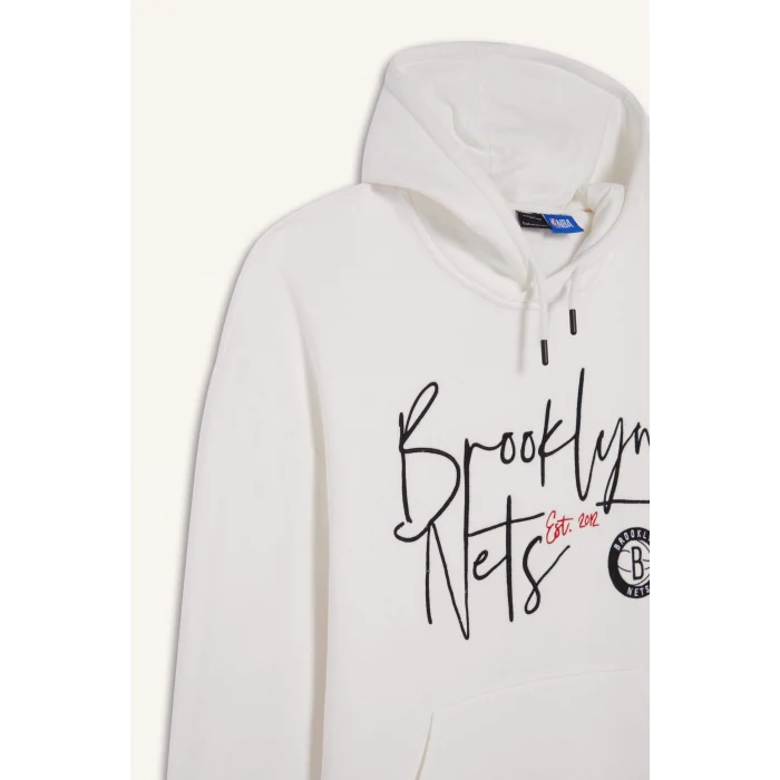 Defacto D8513 Ekru DeFactoFit NBA Brooklyn Nets Oversize Geniş Kalıp Kapüşonlu Kalın Sweatshirt