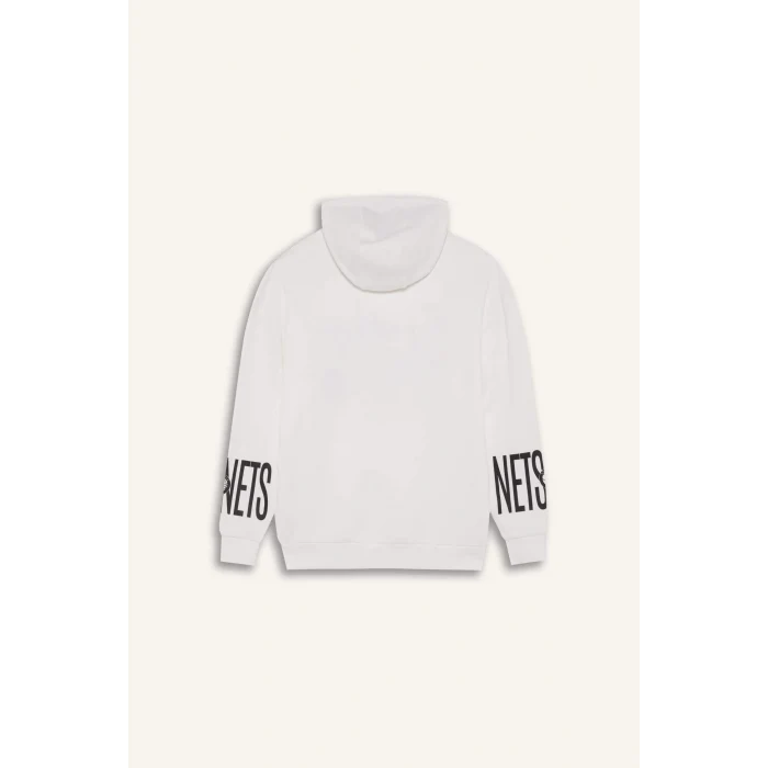 Defacto D8513 Ekru DeFactoFit NBA Brooklyn Nets Oversize Geniş Kalıp Kapüşonlu Kalın Sweatshirt