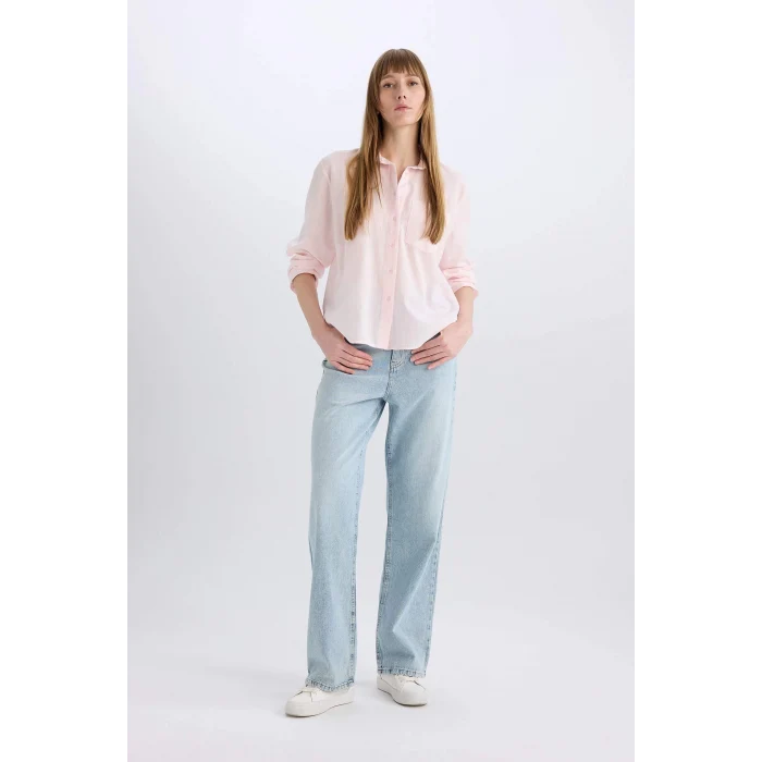 Defacto E4349 Pembe Oversize Geniş Kalıp Tek Ceplli Uzun Kollu Gömlek