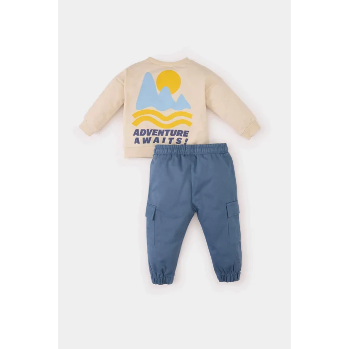 Defacto D3348 Bej Erkek Bebek 2li Takım Baskılı Sweatshirt Beli Paçası Lastikli Alt