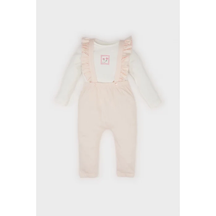 Defacto D9094 Pembe Kız Bebek 2li Takım Çiçekli Uzun Kollu Krinkıl Kumaş Tişört Salopet Tulum
