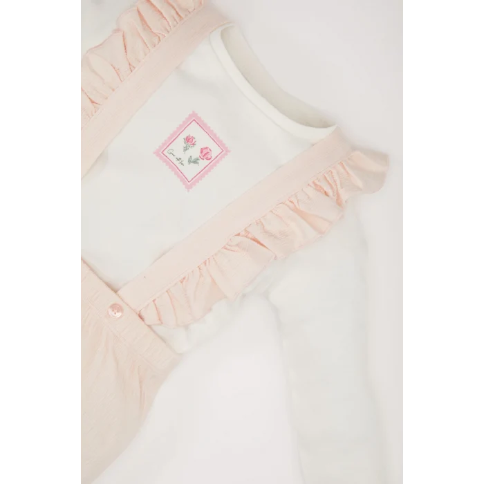 Defacto D9094 Pembe Kız Bebek 2li Takım Çiçekli Uzun Kollu Krinkıl Kumaş Tişört Salopet Tulum