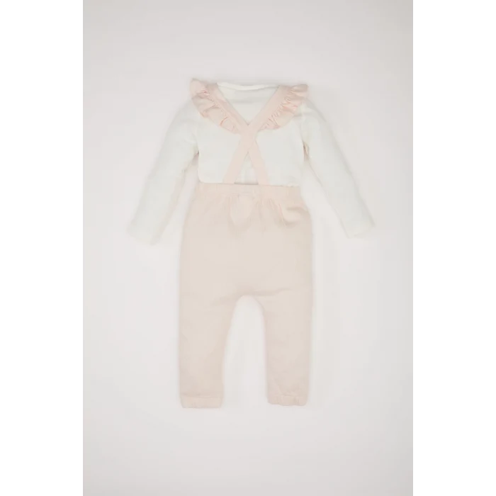 Defacto D9094 Pembe Kız Bebek 2li Takım Çiçekli Uzun Kollu Krinkıl Kumaş Tişört Salopet Tulum