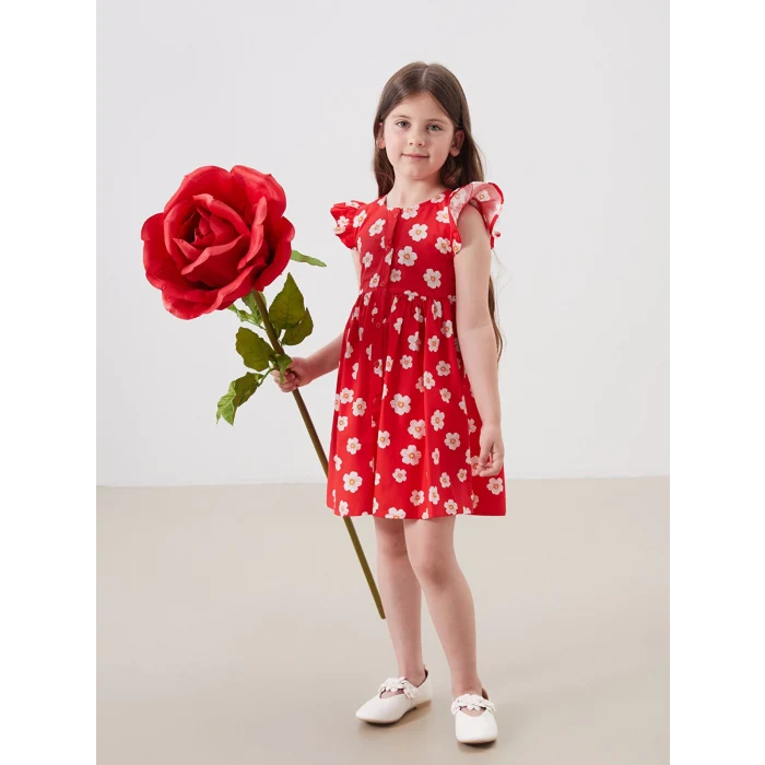 LCW Kids Kirmizi Bisiklet Yaka Çiçekli Kız Çocuk Poplin Elbise