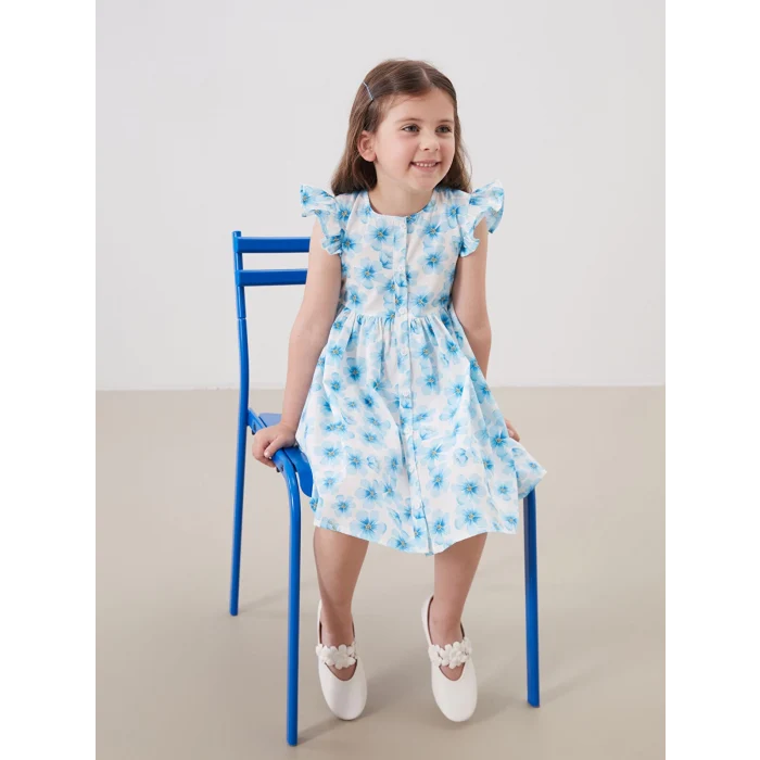 LCW Kids Mavi Bisiklet Yaka Çiçekli Kız Çocuk Poplin Elbise