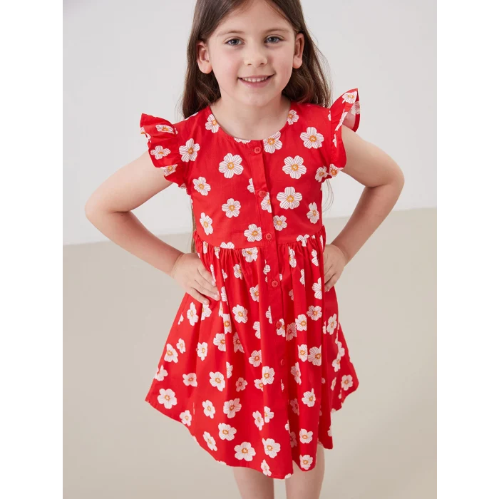 LCW Kids Kirmizi Bisiklet Yaka Çiçekli Kız Çocuk Poplin Elbise