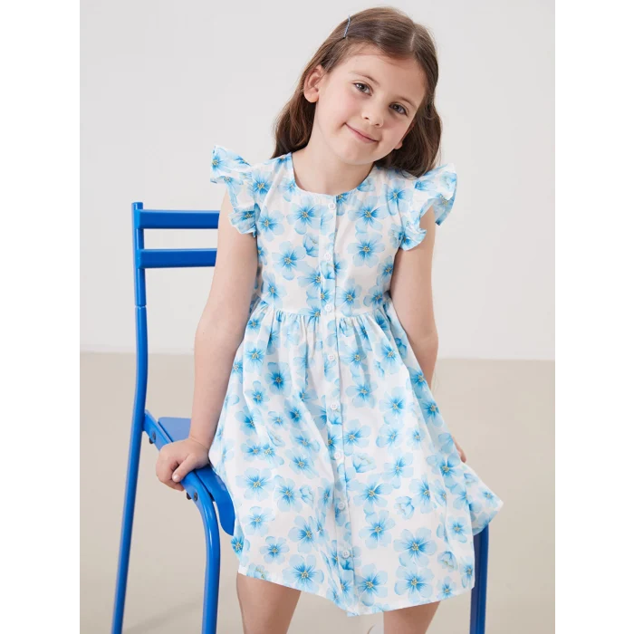 LCW Kids Mavi Bisiklet Yaka Çiçekli Kız Çocuk Poplin Elbise