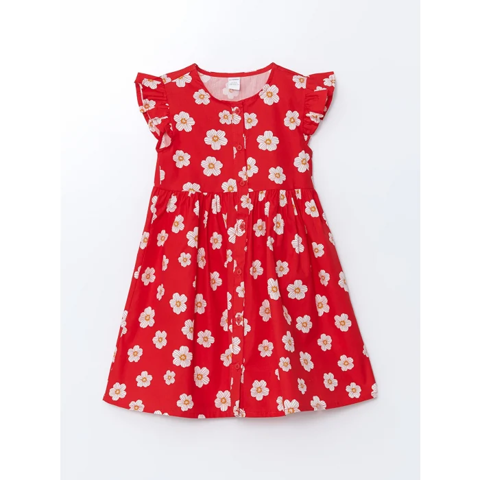 LCW Kids Kirmizi Bisiklet Yaka Çiçekli Kız Çocuk Poplin Elbise