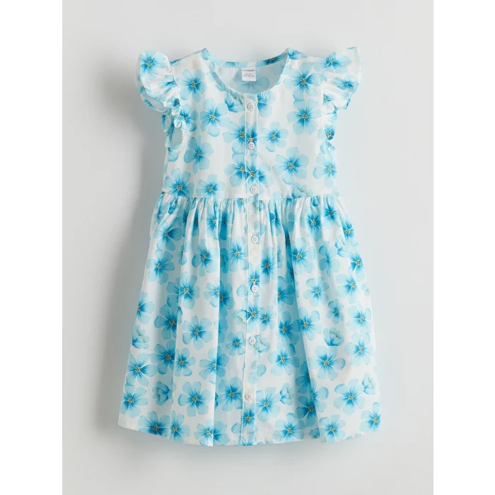 LCW Kids Mavi Bisiklet Yaka Çiçekli Kız Çocuk Poplin Elbise