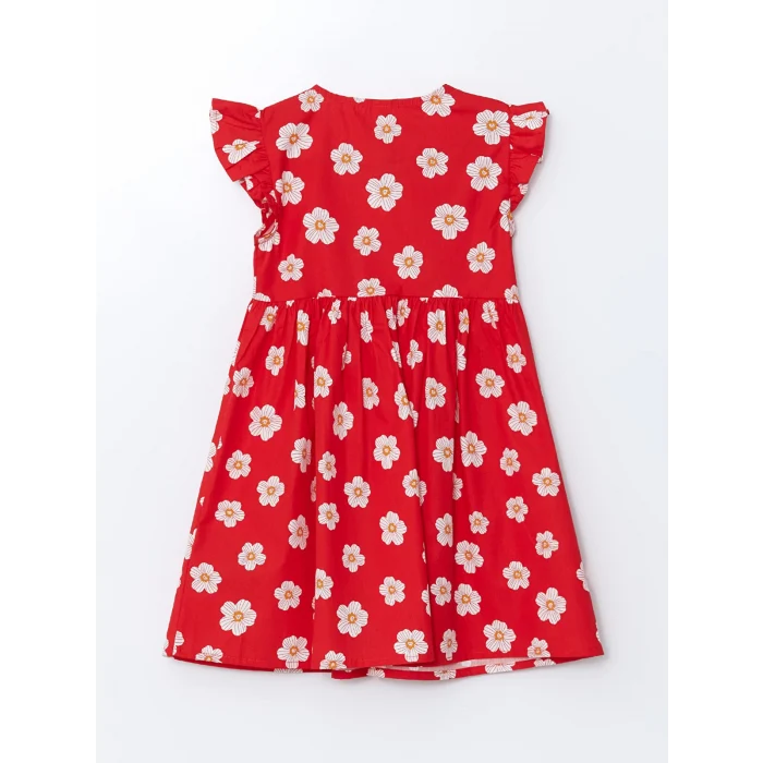 LCW Kids Kirmizi Bisiklet Yaka Çiçekli Kız Çocuk Poplin Elbise