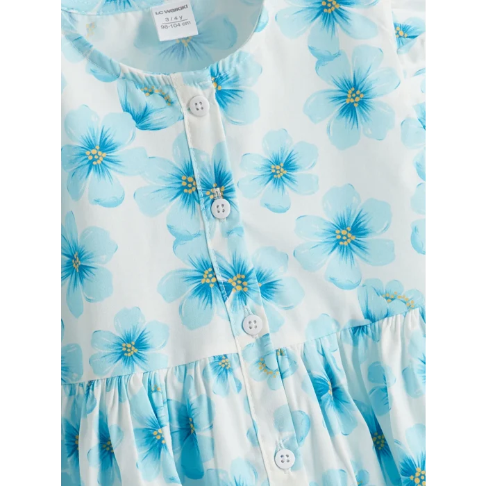 LCW Kids Mavi Bisiklet Yaka Çiçekli Kız Çocuk Poplin Elbise