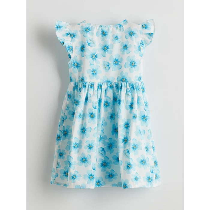 LCW Kids Mavi Bisiklet Yaka Çiçekli Kız Çocuk Poplin Elbise