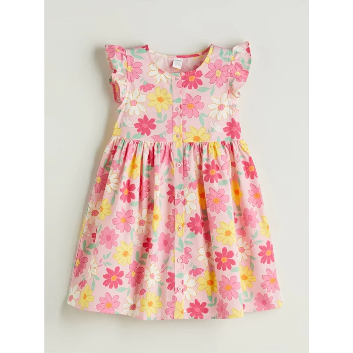 LCW Kids Pembe Bisiklet Yaka Çiçekli Kız Çocuk Poplin Elbise