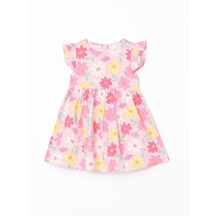 LCW Kids Pembe Bisiklet Yaka Çiçekli Kız Çocuk Poplin Elbise