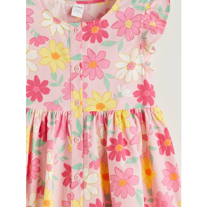 LCW Kids Pembe Bisiklet Yaka Çiçekli Kız Çocuk Poplin Elbise