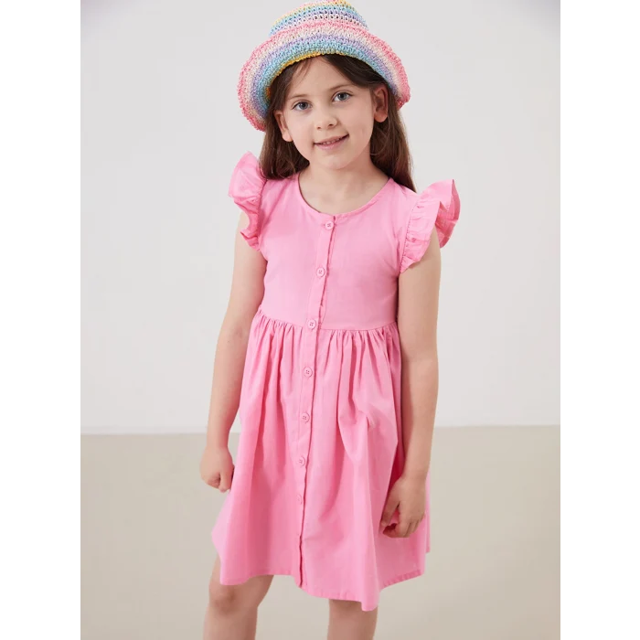 LCW Kids Pembe Pileli Kız Çocuk Keten Görünümlü Gömlek Elbise