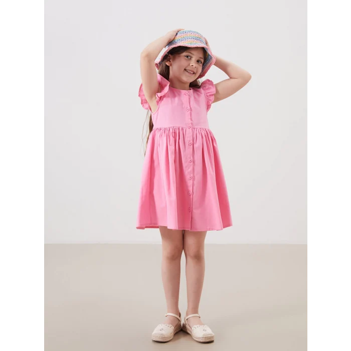 LCW Kids Pembe Pileli Kız Çocuk Keten Görünümlü Gömlek Elbise