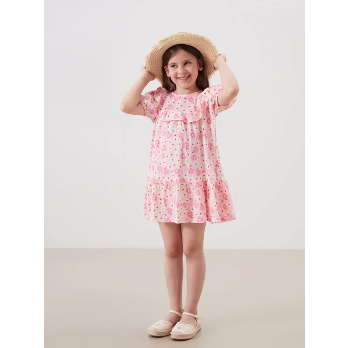 LCW Kids Pembe Çiçekli Krinkle Fırfırlı Kız Çocuk Elbise