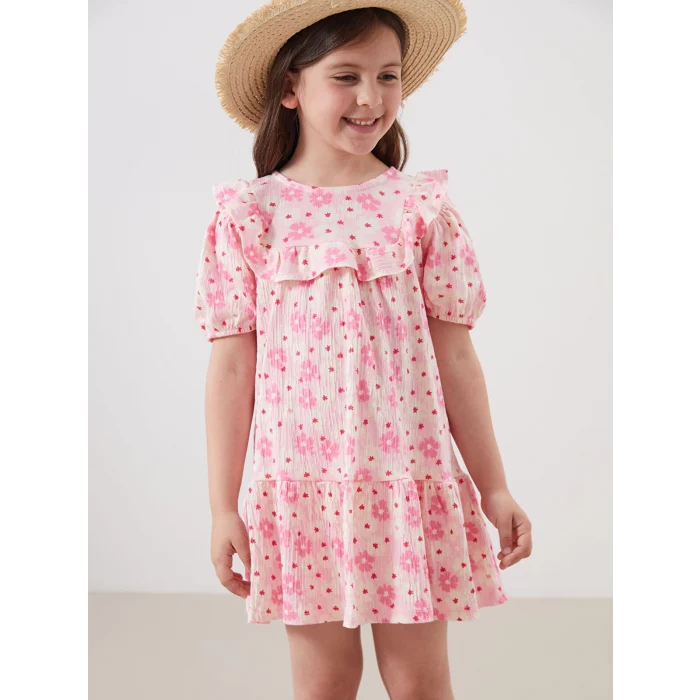 LCW Kids Pembe Çiçekli Krinkle Fırfırlı Kız Çocuk Elbise