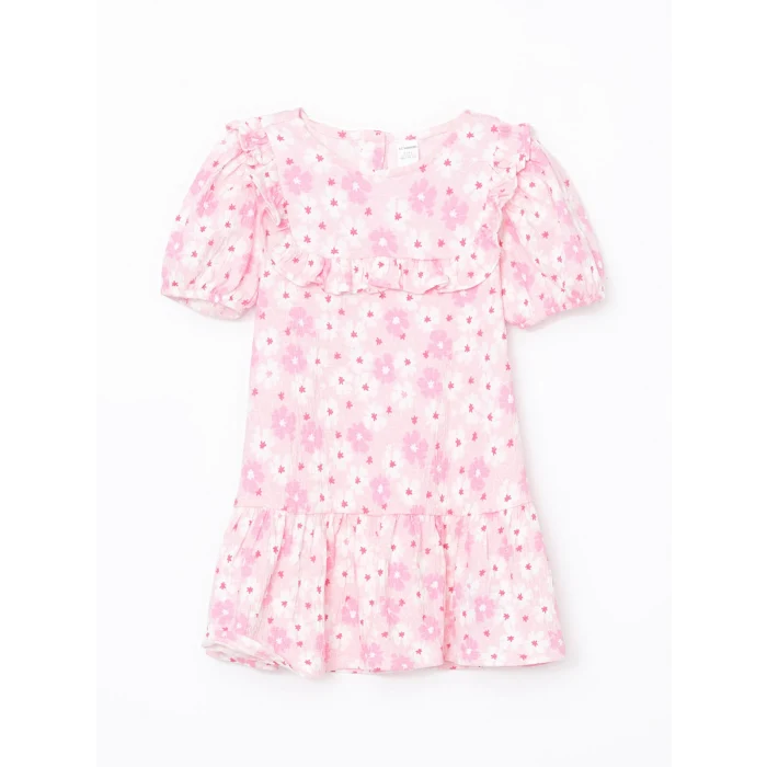 LCW Kids Pembe Çiçekli Krinkle Fırfırlı Kız Çocuk Elbise