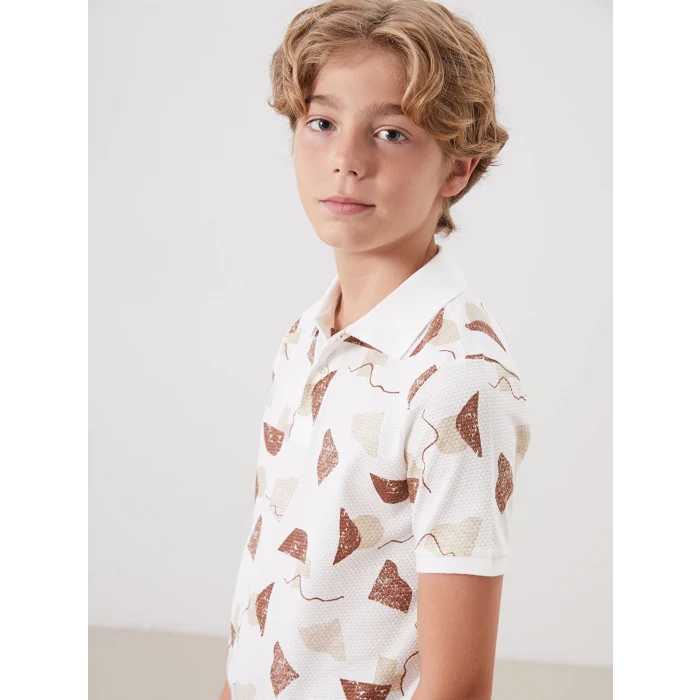 LCW Kids Kahverengi Polo Yaka Desenli Penye Erkek Çocuk Tişört