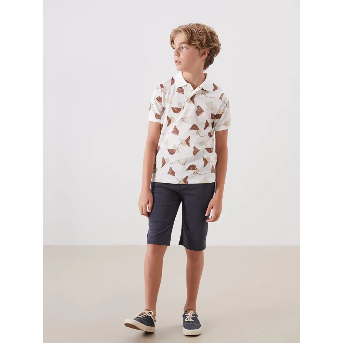 LCW Kids Kahverengi Polo Yaka Desenli Penye Erkek Çocuk Tişört