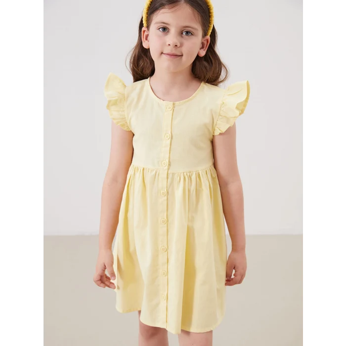 LCW Kids Sari Pileli Kız Çocuk Keten Görünümlü Gömlek Elbise