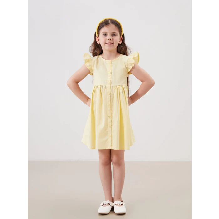 LCW Kids Sari Pileli Kız Çocuk Keten Görünümlü Gömlek Elbise