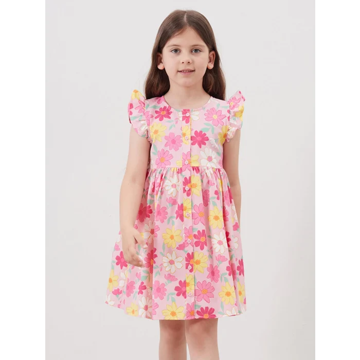 LCW Kids Sari Pileli Kız Çocuk Keten Görünümlü Gömlek Elbise