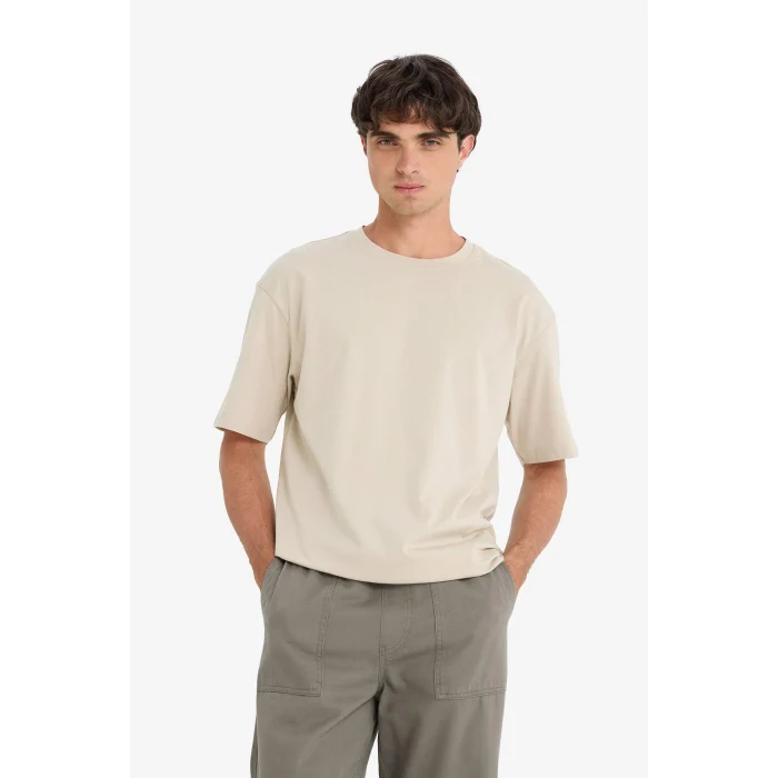 Defacto D6070 Bej %100 Pamuk Boxy Fit Bisiklet Yaka Basic Düz Kısa Kollu Tişört