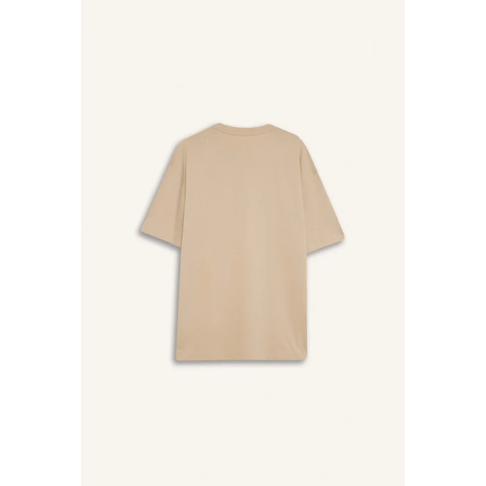 Defacto D6070 Bej %100 Pamuk Boxy Fit Bisiklet Yaka Basic Düz Kısa Kollu Tişört