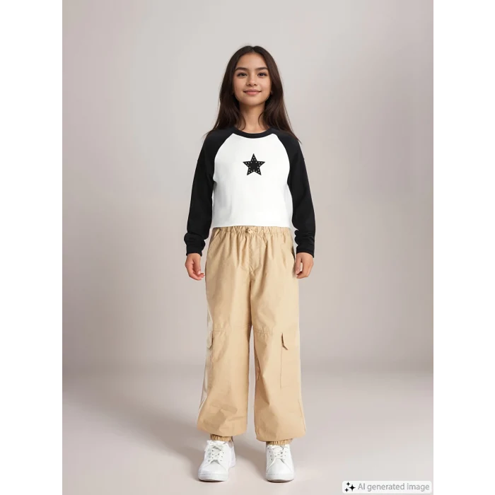 LCW Kids Bej Beli Lastikli Kız Çocuk Kargo Jogger Pantolon