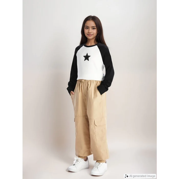 LCW Kids Bej Beli Lastikli Kız Çocuk Kargo Jogger Pantolon