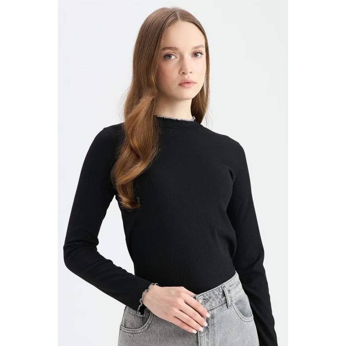 Defacto E9540 Siyah Fitilli Kaşkorse Basic Düz Uzun Kollu Tişort