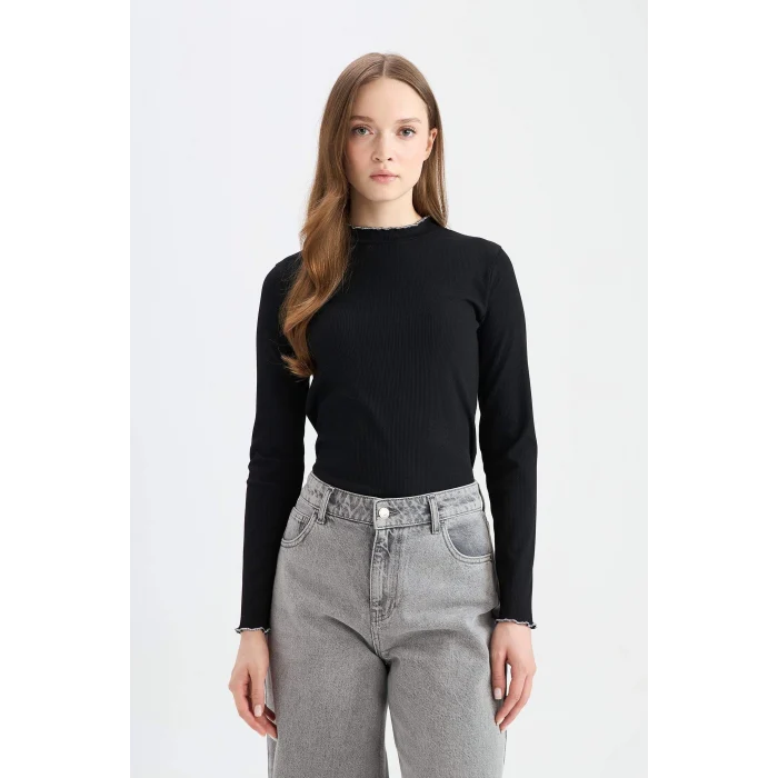 Defacto E9540 Siyah Fitilli Kaşkorse Basic Düz Uzun Kollu Tişort