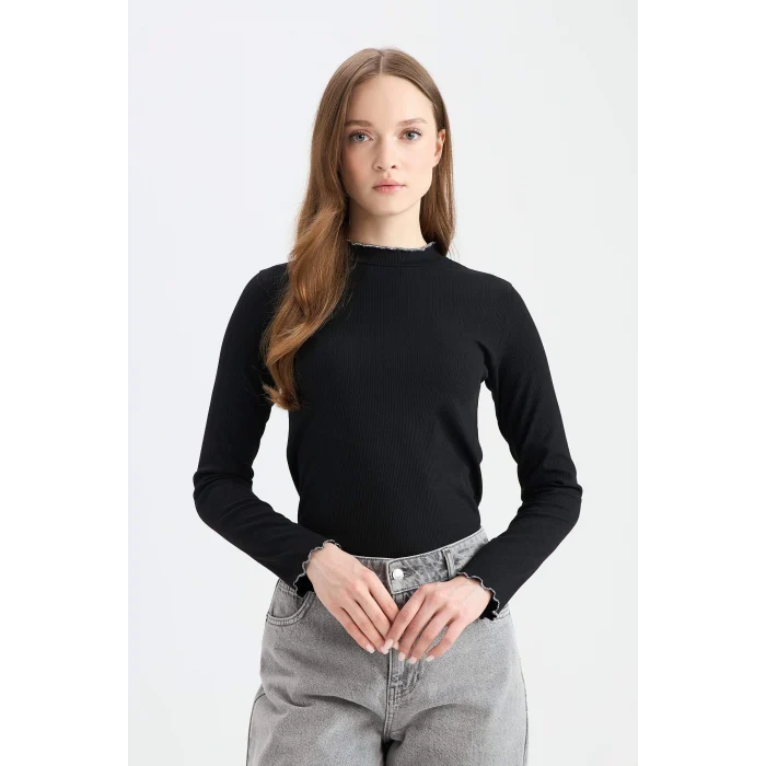 Defacto E9540 Siyah Fitilli Kaşkorse Basic Düz Uzun Kollu Tişort