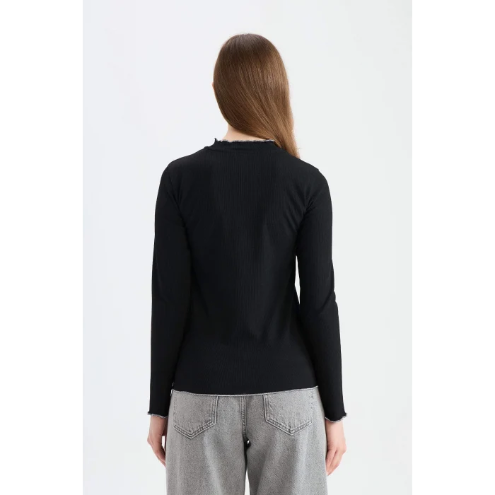 Defacto E9540 Siyah Fitilli Kaşkorse Basic Düz Uzun Kollu Tişort