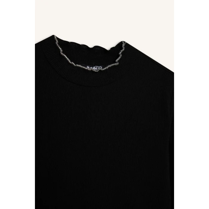 Defacto E9540 Siyah Fitilli Kaşkorse Basic Düz Uzun Kollu Tişort