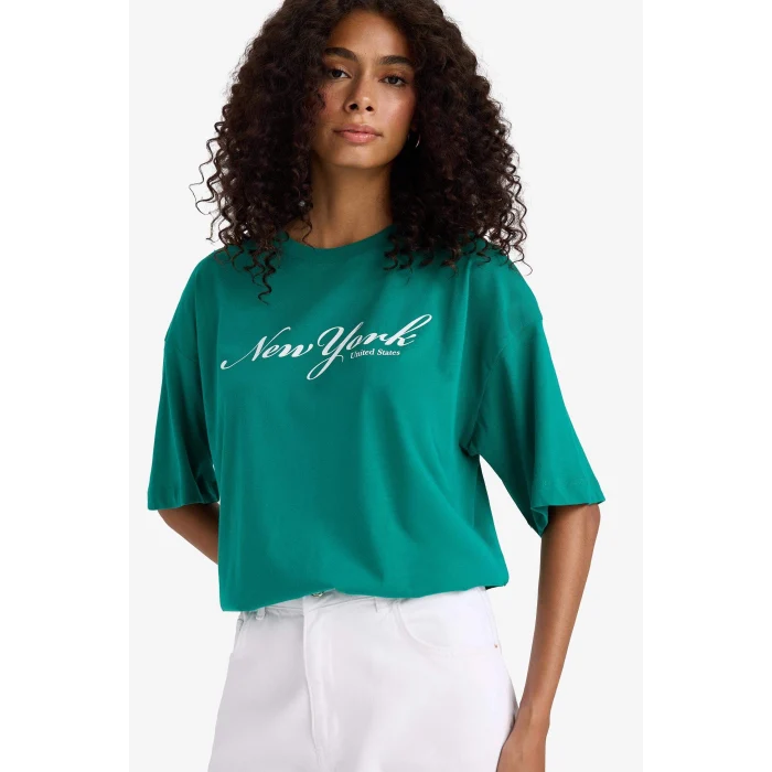 Defacto F5885 Yeşil Regular Fit Bisiklet Yaka Baskılı Penye Kısa Kollu Tişört