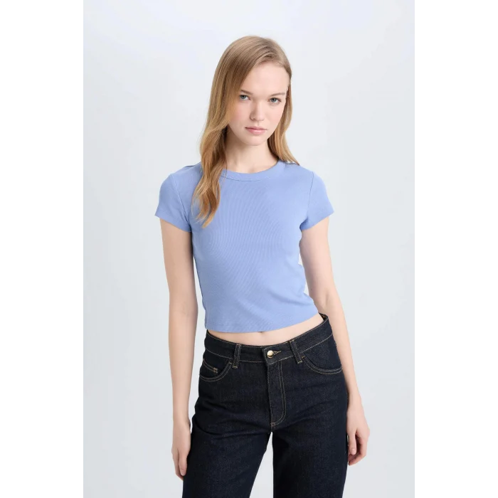 Defacto E0287 Mavi Coool Fitted Basic Düz Fitilli Kaşkorse Kısa Kollu Tişört