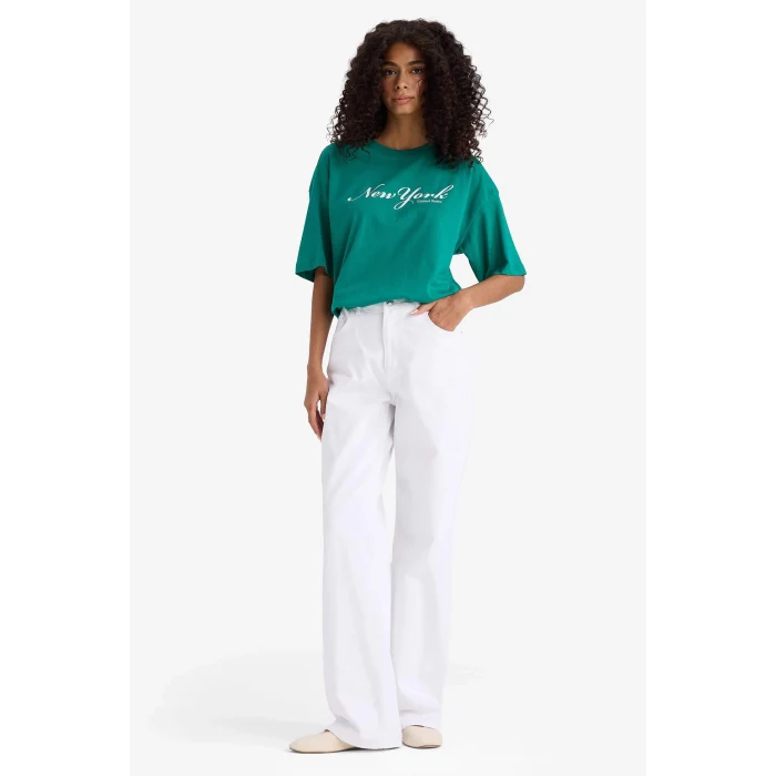 Defacto F5885 Yeşil Regular Fit Bisiklet Yaka Baskılı Penye Kısa Kollu Tişört