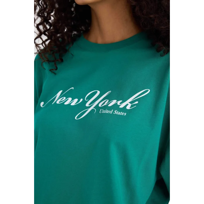 Defacto F5885 Yeşil Regular Fit Bisiklet Yaka Baskılı Penye Kısa Kollu Tişört