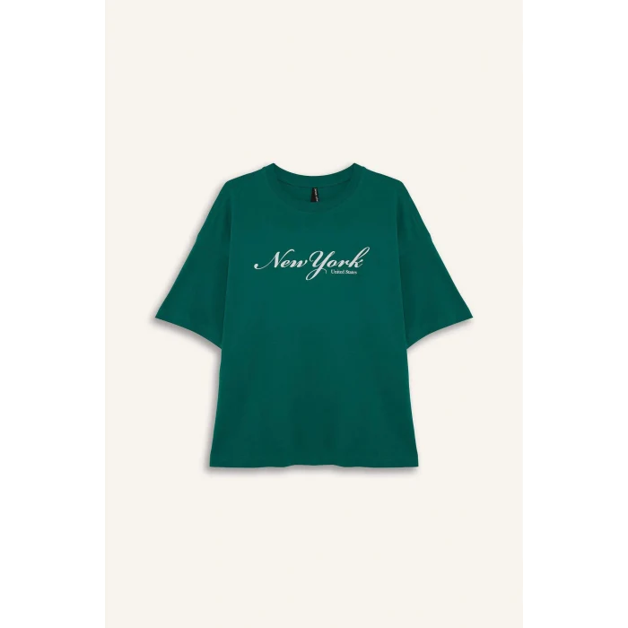 Defacto F5885 Yeşil Regular Fit Bisiklet Yaka Baskılı Penye Kısa Kollu Tişört