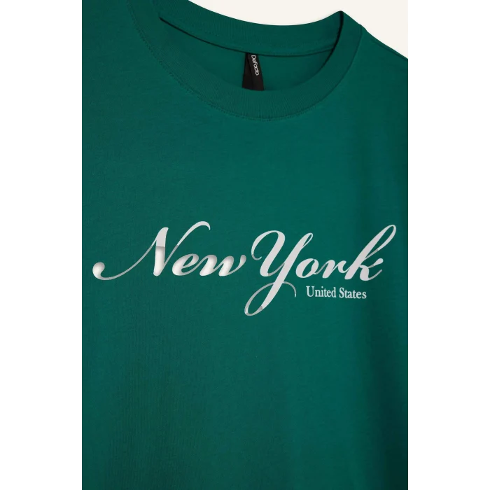 Defacto F5885 Yeşil Regular Fit Bisiklet Yaka Baskılı Penye Kısa Kollu Tişört